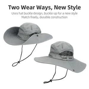 Quick-dry grey sun hat with breathable mesh and adjustable drawstring for fishing and hiking