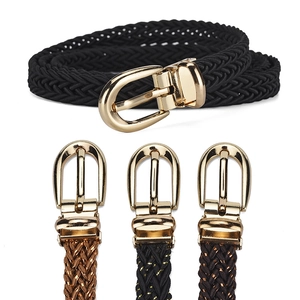 Women's woven waist belt with golden horseshoe buckle in black, brown and bicolor sets