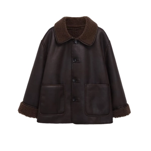 Giacca vintage in finta pelle marrone con fodera in pile e risvolto per bambini