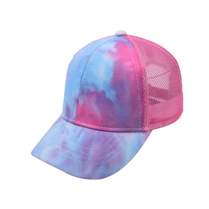 Tie-dye trucker hat with breathable pink mesh and colorful blue and purple front patterns