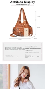 Brown vintage washed PU leather bag dimensions 30x14x20cm with large multi-pocket design