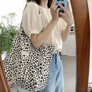 Leopard Print Canvas Tote Bag Large Capacity Casual Shoulder Handbag For Women Daily Shopping Retro Chic