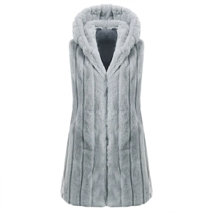 Detail shot of the plush faux fur texture and hood on a light gray sleeveless vest