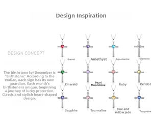 Detailed grid showing twelve silver cross necklaces with heart-shaped birthstones
