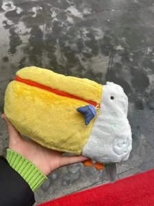 Creative pelican plush camera bag and cosmetics pouch in soft white and yellow fabric