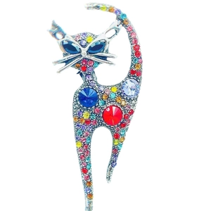 Sparkling vintage cat brooch with multi-color rhinestones in a silver metal setting