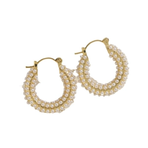 Elegant gold hoop earrings with multi-row pearl pavé in a classic French style