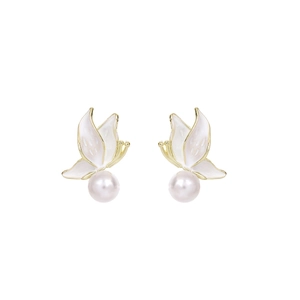 French vintage style butterfly earrings with white enamel wings and hanging pearls