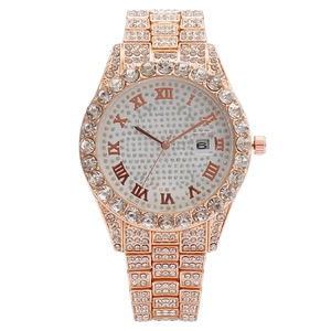 Luxury Women Quartz Watch Full Iced Out Rhinestones Roman Numerals Date Display Fashion Metal Chain Bracelet Wristwatch