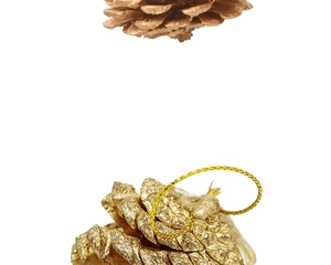 Close-up of golden pine cone ornaments with metallic glitter coating and hanging gold string