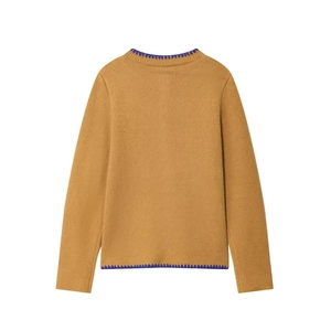 Brown knit sweater with contrast blue stitching and long sleeves in flat lay view