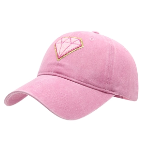 Pink baseball cap with diamond patch and gold trim on brushed cotton soft top