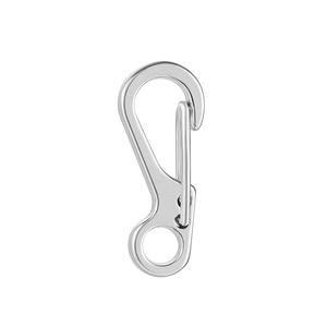Classic silver metal spring snap hook keychain connector on white background