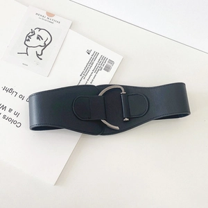 Fashionable black faux leather wide waist belt for women with metal D-ring buckle accessory