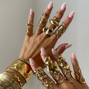 Exaggerated 18k gold plated chunky rings and textured bracelets set for women
