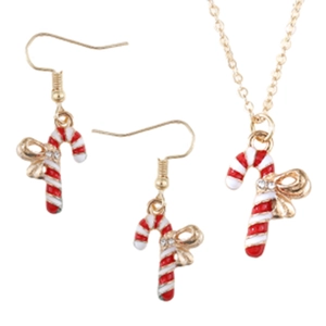 Christmas jewelry set featuring candy cane necklace and hook earrings with gold bow accents