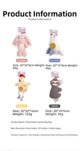 Detail of plush dog toys with built-in squeakers featuring bunny and chick designs