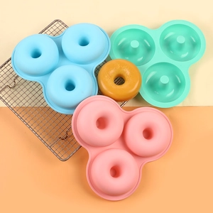 3-cavity silicone round cake mold set in blue, green, and pink colors for DIY baking