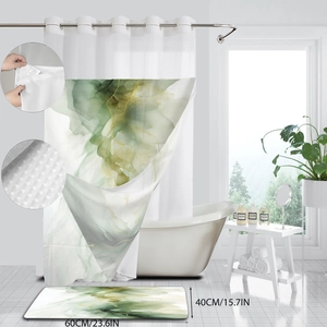 Detail of waterproof marble pattern shower curtain set with 60x40cm non-slip bathroom mat