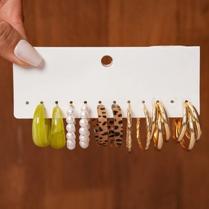 Detailed set of 6 pairs of gold-tone metal, leopard print, and pearl stud earrings