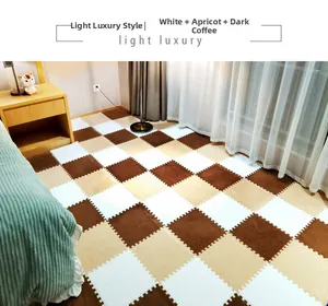 Detail of plush checkerboard foam mats in white and brown, joined for bedroom flooring