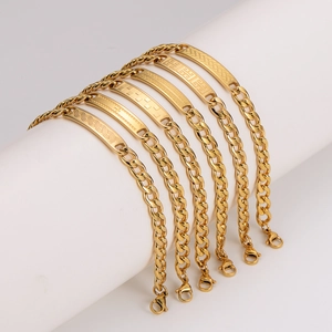 Set of 6 minimalist gold plated stainless steel geometric engraved ID chain bracelets
