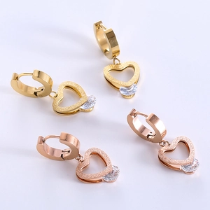 Frosted heart drop earrings with cubic zirconia in gold and rose gold stainless steel