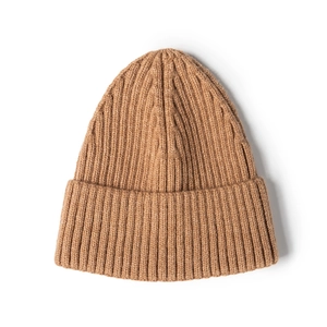 Thick camel rib-knit beanie hat for winter outdoor warmth with folded cuff design