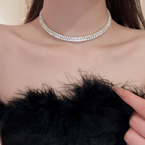 Close-up of double-row rhinestone choker necklace worn on model neck for elegance