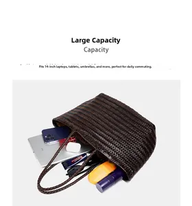 Macro detail of dark brown woven leather tote bag showing spacious interior for 14-inch laptop