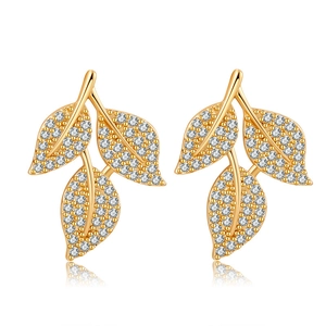 18K gold-plated leaf stud earrings with pavé set white zircon crystals on white background