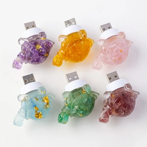 Turtle night lights set in resin with crystal gravel and gold foil, USB interface included