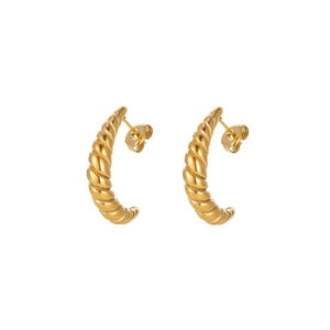 Detailed macro view of gold titanium steel croissant earrings with spiral texture