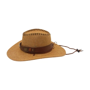 Close-up of woven straw cowboy hat featuring leather band and metal bull head ornament