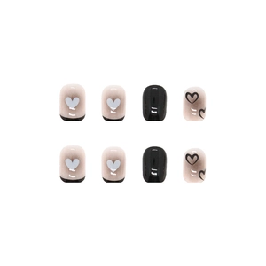 Short round black and nude heart press-on nails with glossy finish for women