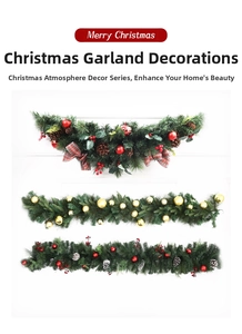Close-up of Christmas garland with red bows, pine cones, and gold ornaments