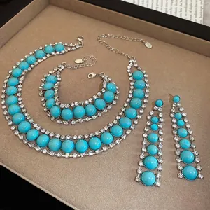 Combinaison Bijoux Ethniques Bohémiens Résine Turquoise Strass Collier Bracelet Boucles Oreilles Avec Tige Argent Femme