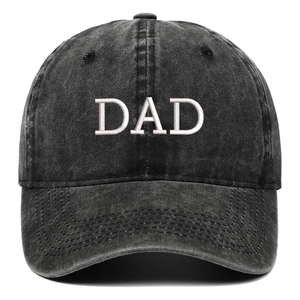 Vintage black washed cotton baseball cap with DAD embroidery and distressed finish