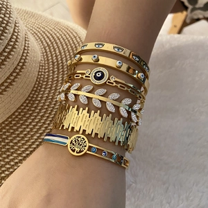 Stainless Steel Bangle Bracelet Gold Plated With Evil Eye Tree Of Life And Leaf Rhinestone Inlaid Retro Jewelry For Women