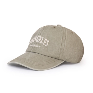 Detail of vintage washed olive green baseball cap with white LOS ANGELES 3D embroidery
