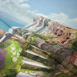 Detail of Mediterranean landscape wall tapestry with seaside houses and floral prints