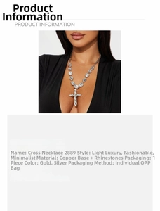 Detail view of a luxury cross pendant necklace with sparkling rhinestones on copper base