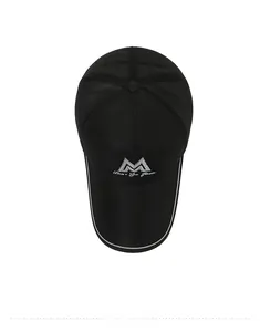 Top view of black mesh baseball cap showing breathable texture and M embroidery