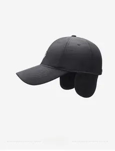 Detail view of winter baseball cap with ear flaps for windproof warmth and protection