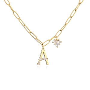 Gold plated paperclip chain necklace with zircon heart and letter A pendants
