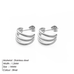 Polished silver stainless steel triple layer C-shape hoop earrings 14mm diameter