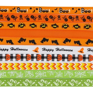 Halloween grosgrain ribbons with pumpkins, spiders and Happy Halloween text detail