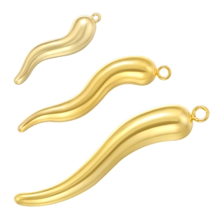 Detailed view of three sizes of gold-plated chili horn charms in polished metal finish