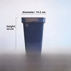 Detail of medium-sized grey plastic flower bucket showing 34cm height and 19.5cm top diameter