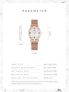 Detailed specs of rose gold mesh strap watch with dimensions and quartz dial details